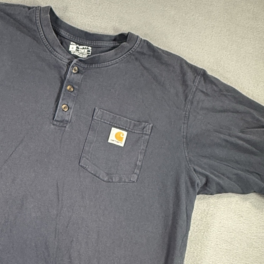 Carhartt Mens XL Henley Workwear Shirt Loose Fit Chest Pocket Blue Short Sleeve